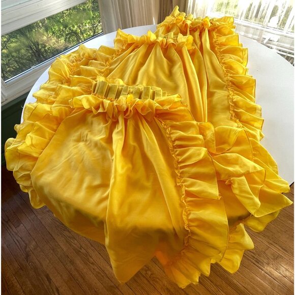 Vintage 1970s pleated curtains, yellow sheer ruffled pair long narrow panels - Picture 9 of 9